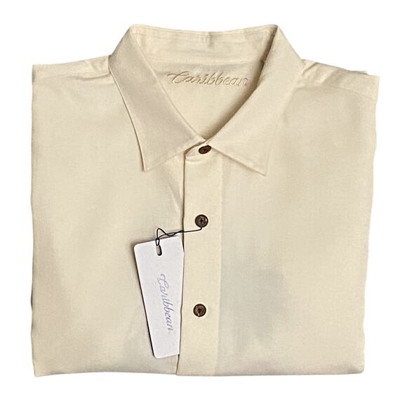Roundtree & Yorke Caribbean Men's XXL Embroidered Short Sleeve Shirt Cream NEW - Picture 1 of 11